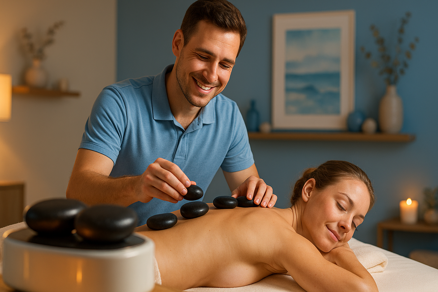 Terapeuta wykonuje masaż gorącymi kamieniami w gabinecie Niebieska Strefa w Warszawie Ursus