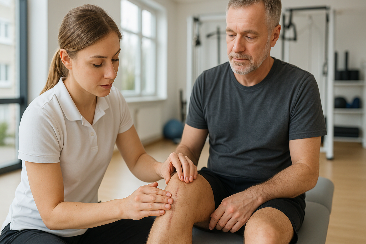 Fizjoterapeutka mobilizuje bliznę kolanową pacjenta w gabinecie w Ursusie