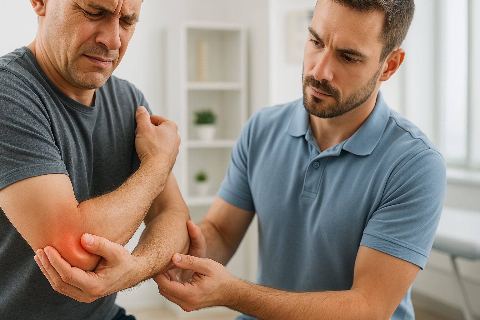 Fizjoterapeuta pracujący z pacjentem z bólem łokcia podczas terapii przeciążenia kończyny górnej