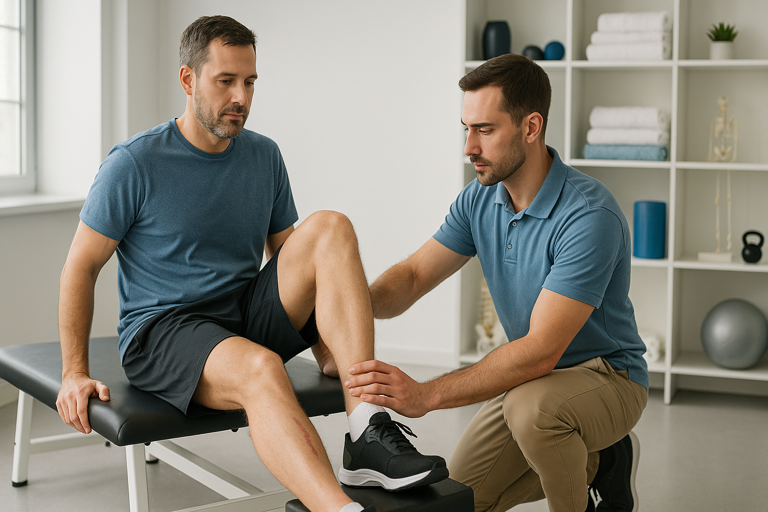 Pacjent podczas rehabilitacji kolana po rekonstrukcji więzadła krzyżowego ACL z fizjoterapeutą